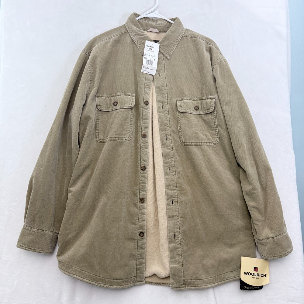 Woolrich Corduroy Shirt Mens L Beige Shacket Fleece Line Outdoor Button Up